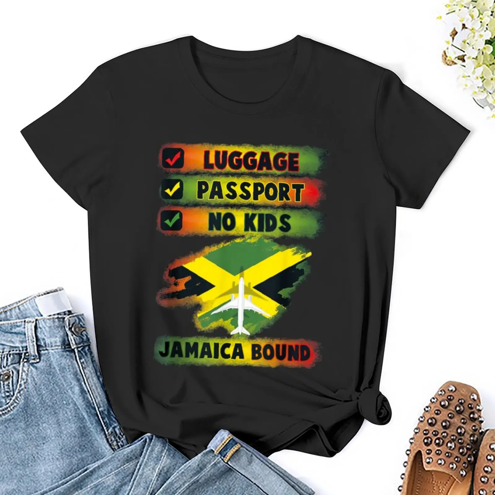 Travel Vacation To Jamaica Bound Luggage Passport No Kids Shirt Graphic Shirt Casual Short Sleeved Female Tee T-Shirt Size S-4XL