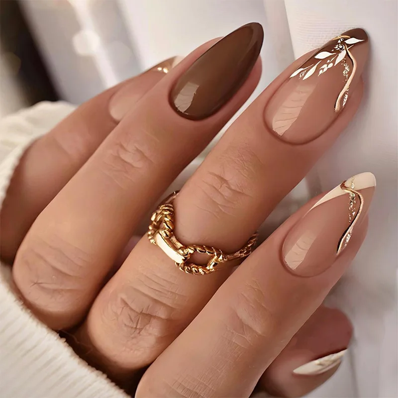 

24PCS Press on Nails French Almond Wearing Nail Brown Metal Lines Fake Nails for Women European and American Style Nail Patches