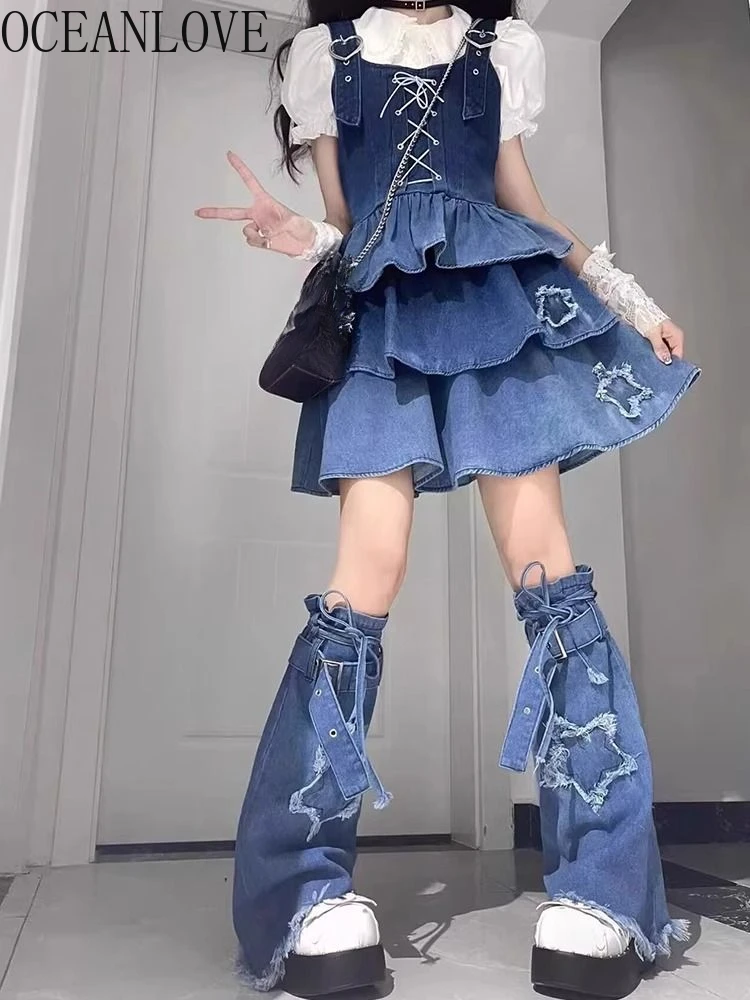 

OCEANLOVE Y2k Denim Dresses Women Ruffles Spring Summer Japanese Style Vintage Vestidos Mujer A-line Sweet Cute Mini Dress