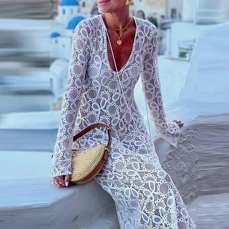 Elegant Women's Deep V Lace Cover Up Dress New 2025 Fashion Lace Up Long Sleeve Beach Dress Casual Side Split Robe Dress Vestido