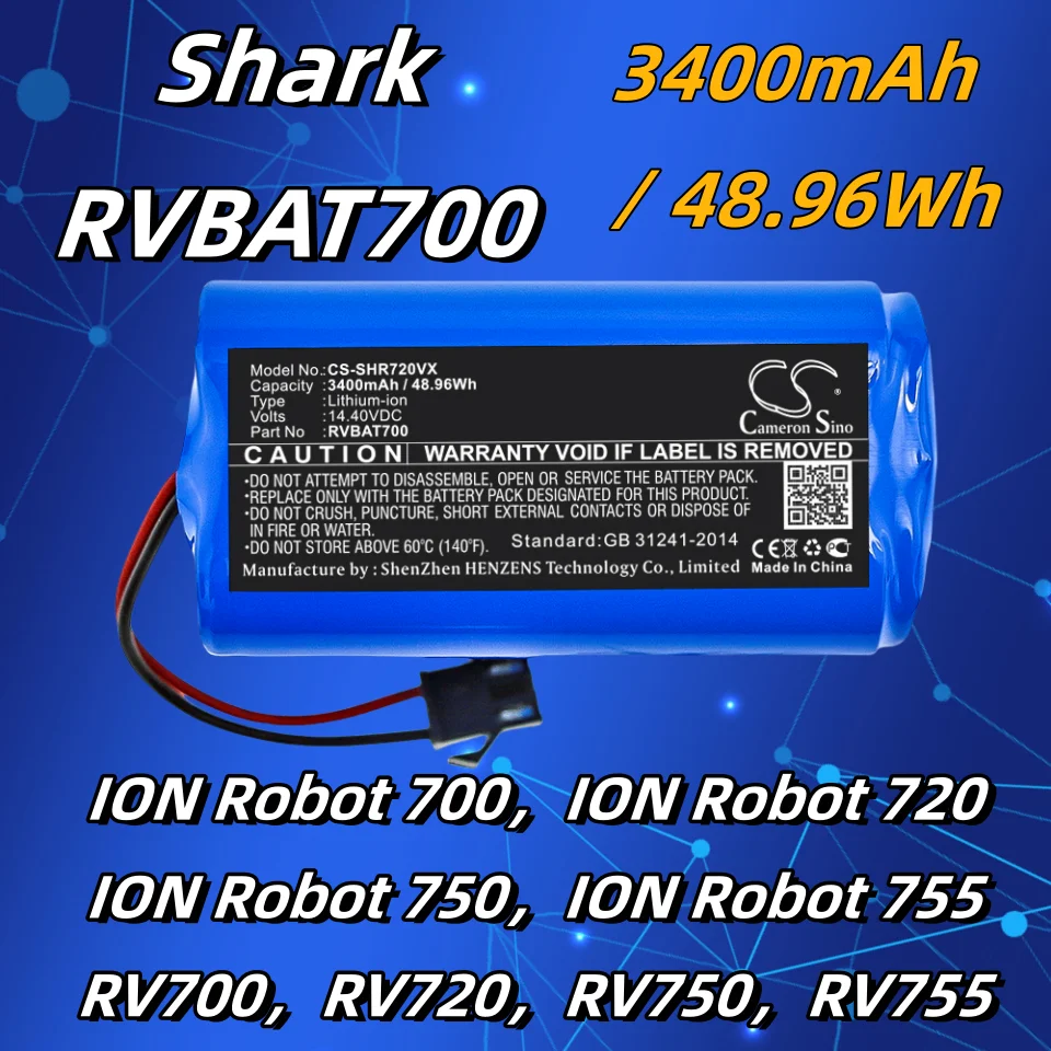 Vacuum 3400mAh / 48.96Wh Battery For Shark RVBAT700 ION Robot 700 720 750 755 RV700  RV720  RV750  RV755
