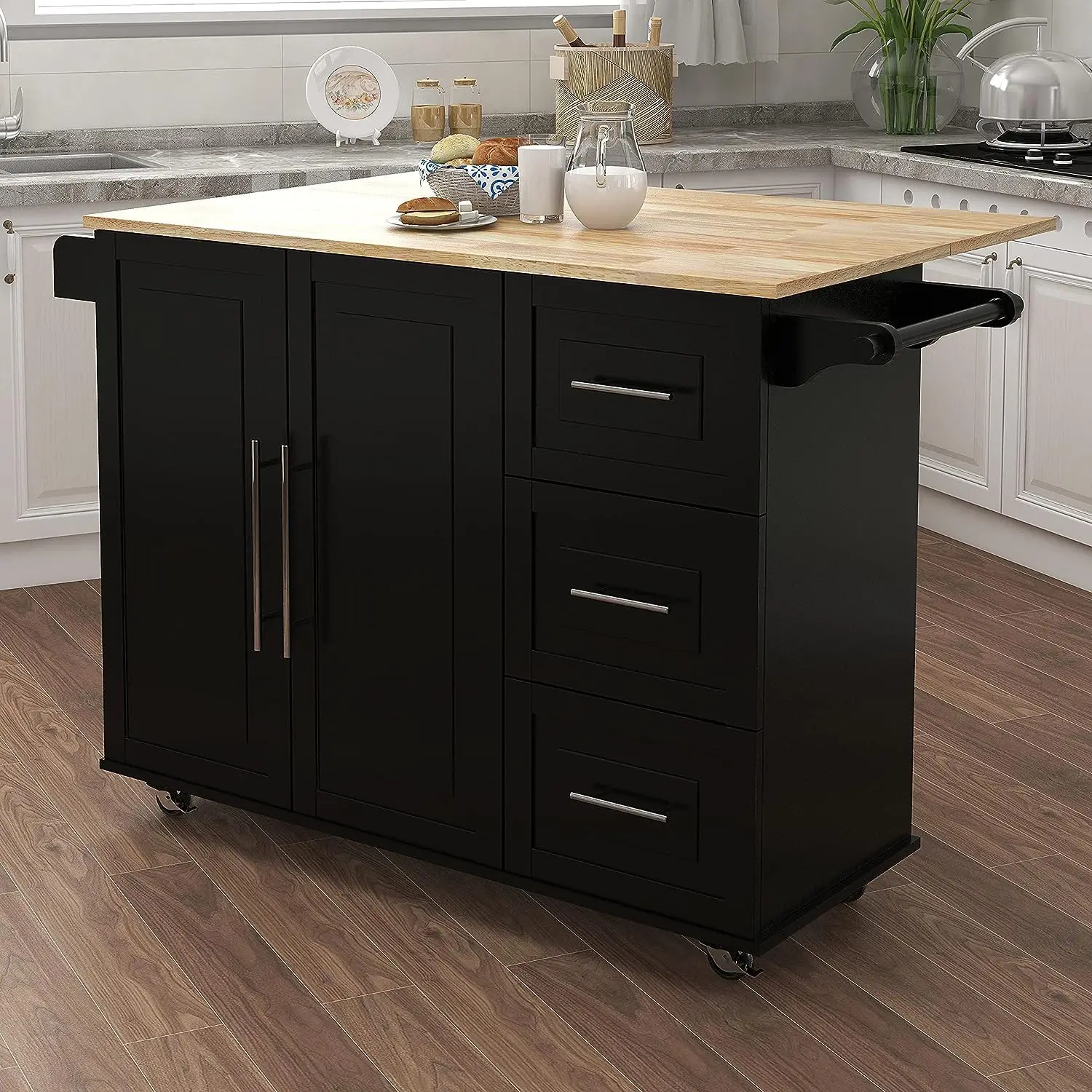 DANGRUUT Upgraded Version Thick Wood Kitchen Island Cart with Wheels and Drop-Leaf Top, Large Folding Extensible