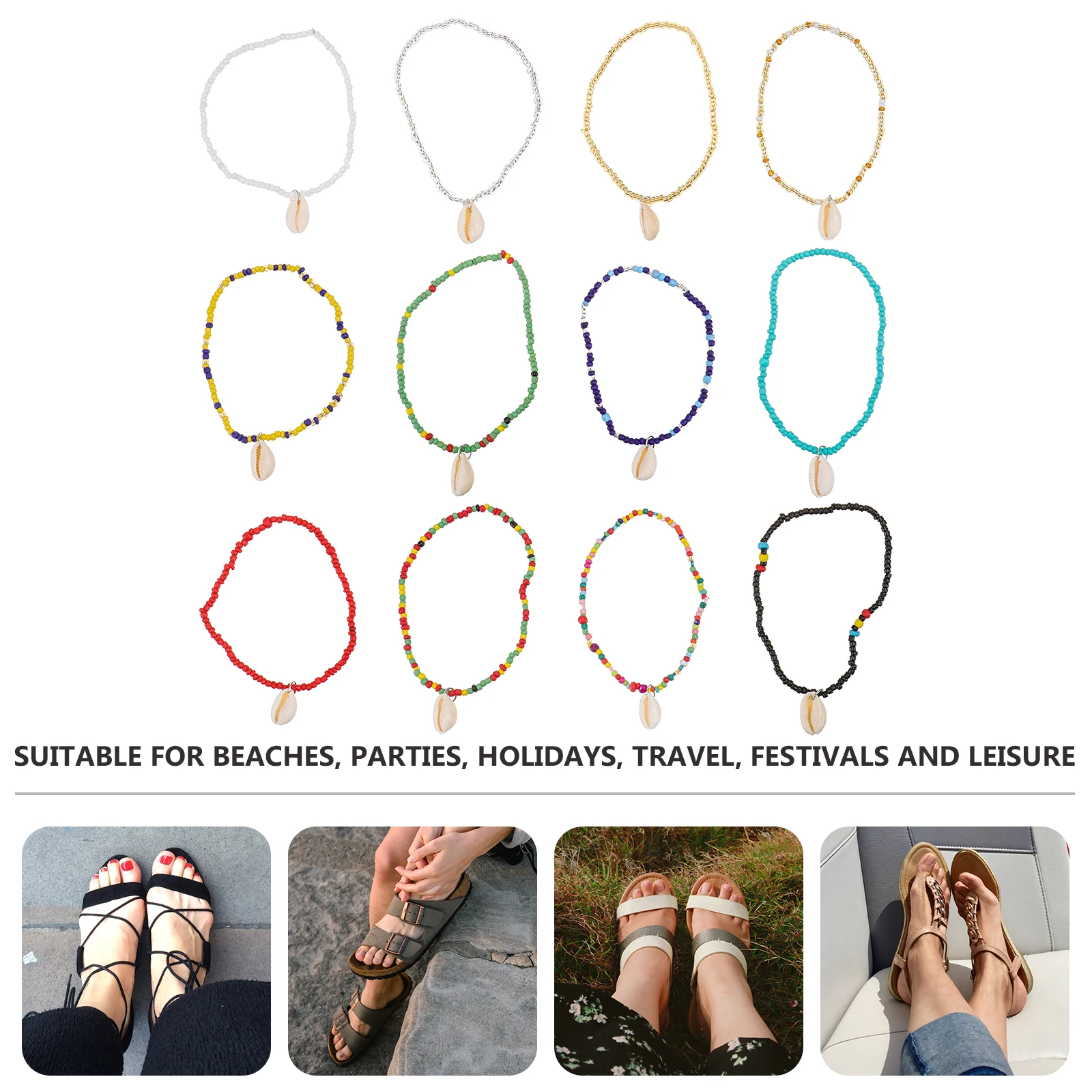 

12pcs Seashell Pendant Ankle Chains Colorful Beaded Bohemian Foot Chains Elegant Jewelry For Beach Party Festival Wedding
