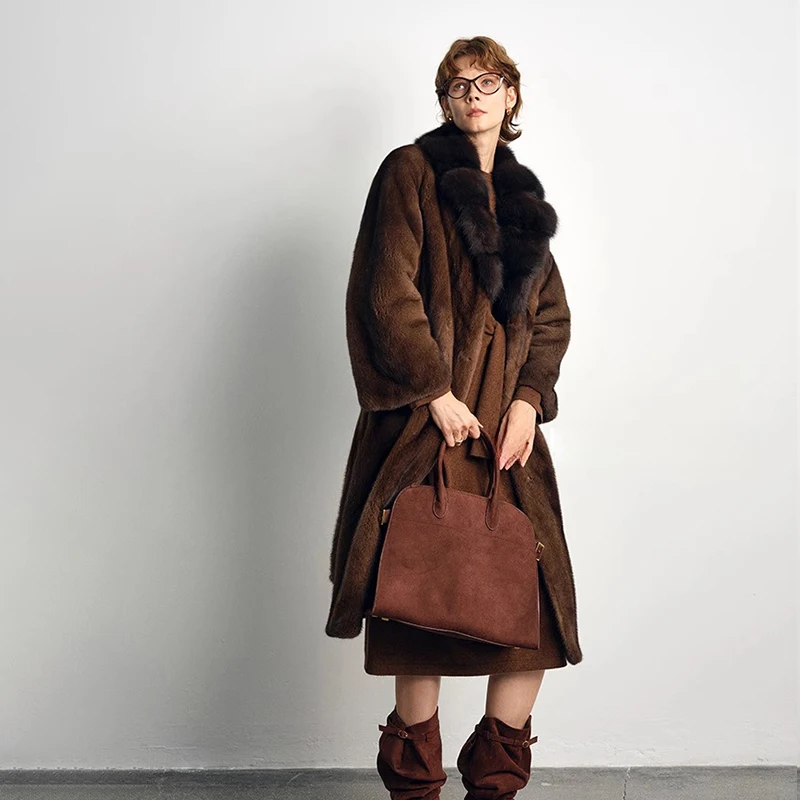 Ftangaiur Winter Import Velvet Mink Fur Coat Turn-Down Collar With Sashes Mink Coat Women X-Long Natural Real Mink Fur Coats