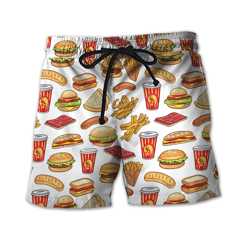 Calça curta masculina com gráfico Fast Food Shorts de praia Hawaii Burger Fries, baú de hambúrguer, sanduíche de frango frito Bermudas