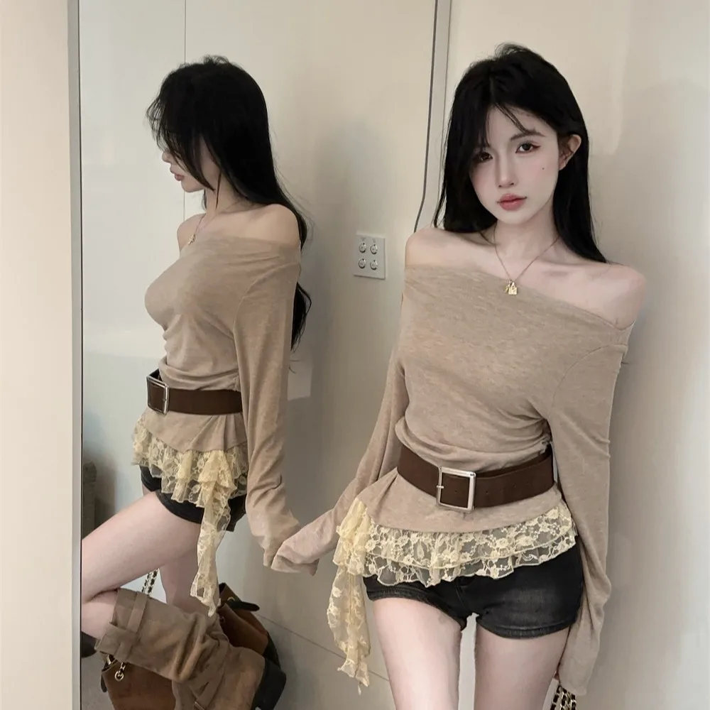 

Korean Sle Sexy Asymmetrical Lace Long Sve Slim Fit T-irt Belted High Waist Spring 2026 Women's Faion Casual Top