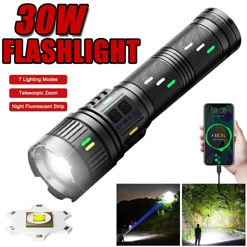 30W High Strong Power Flashlights Tactical Emergency Spotlights Telescopic Zoom Built-in Battery USB Rechargeable Camping Torch