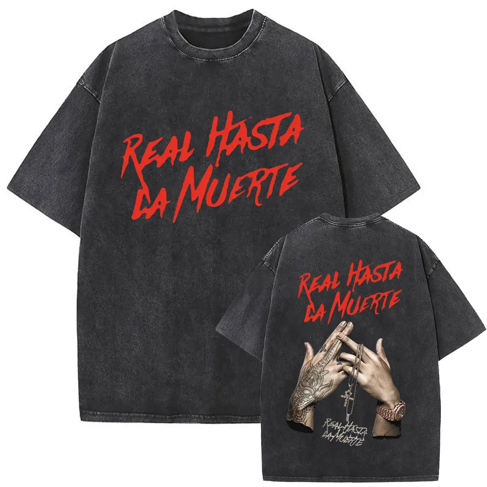 Washed Vintage Rapper Anuel AA Real Hasta La Muerte Graphic T Shirt Men Women Hip Hop Fashion Street Oversized Crewneck T-shirt