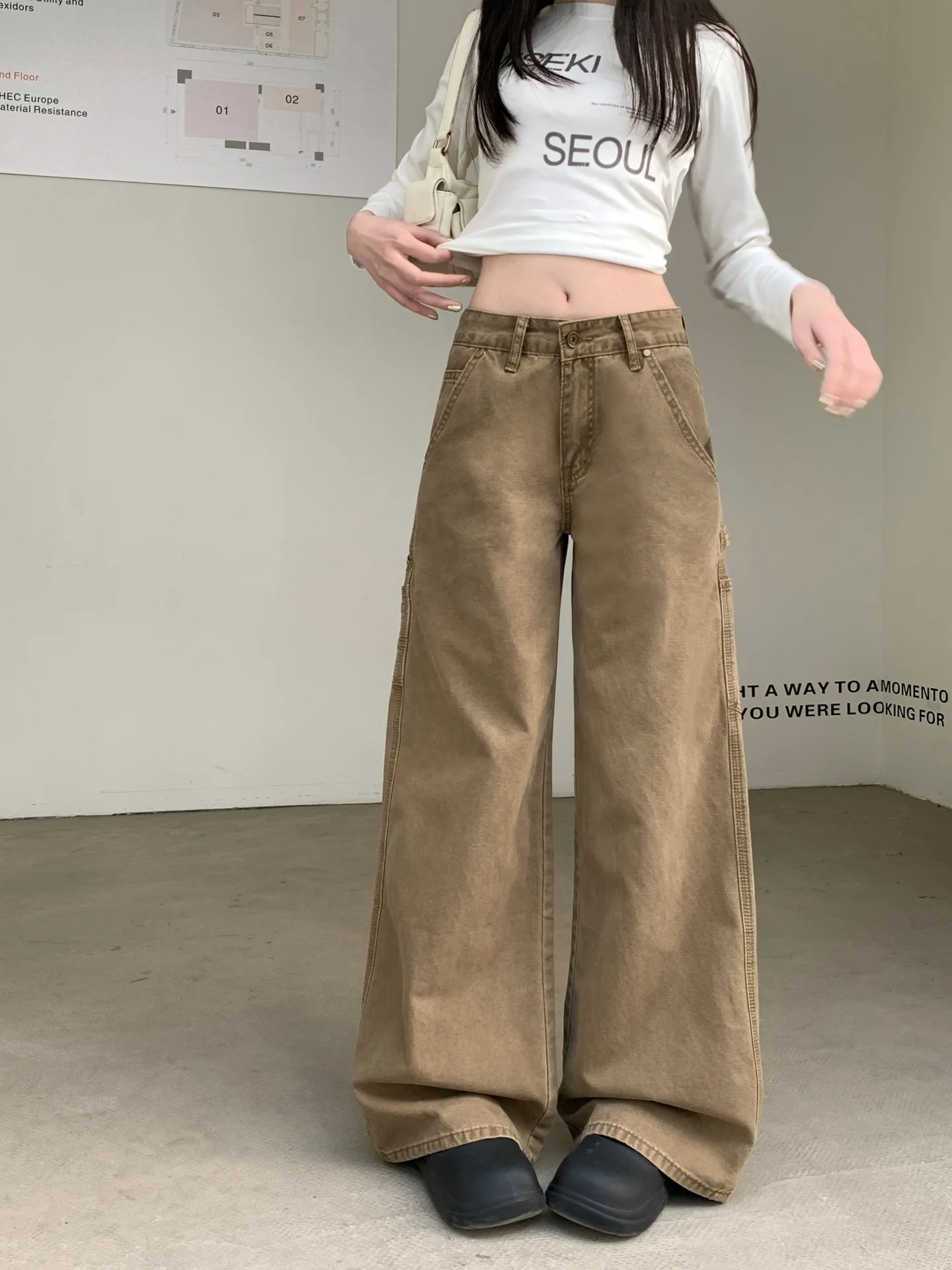 

Джинсы Kumikumi с низкой талией, свободного кроя, прямые, цвета хаки, женские, весенние, модные, стройнящие, длинные брюки, повседневный стиль