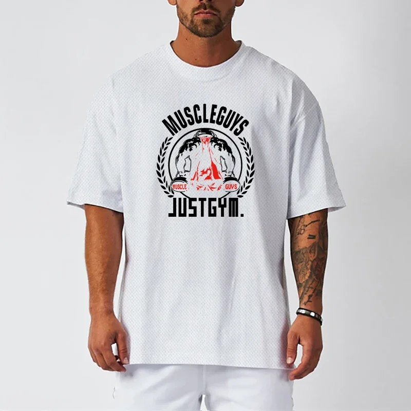 

Gym Fitness Loose Oversized T-shirts Summer Casual Short Sleeve Breathable Quick Dry Mesh Shirts Mens Bodybuilding Sport Tops