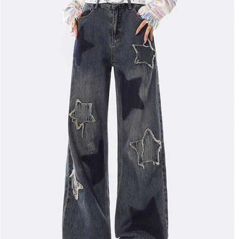 

Women Denim Pants Star Wide-legged Trouser Woman's Clothing Baggy Jeans Vintage Designs High Waisted Y2K Casual Solid Autumn