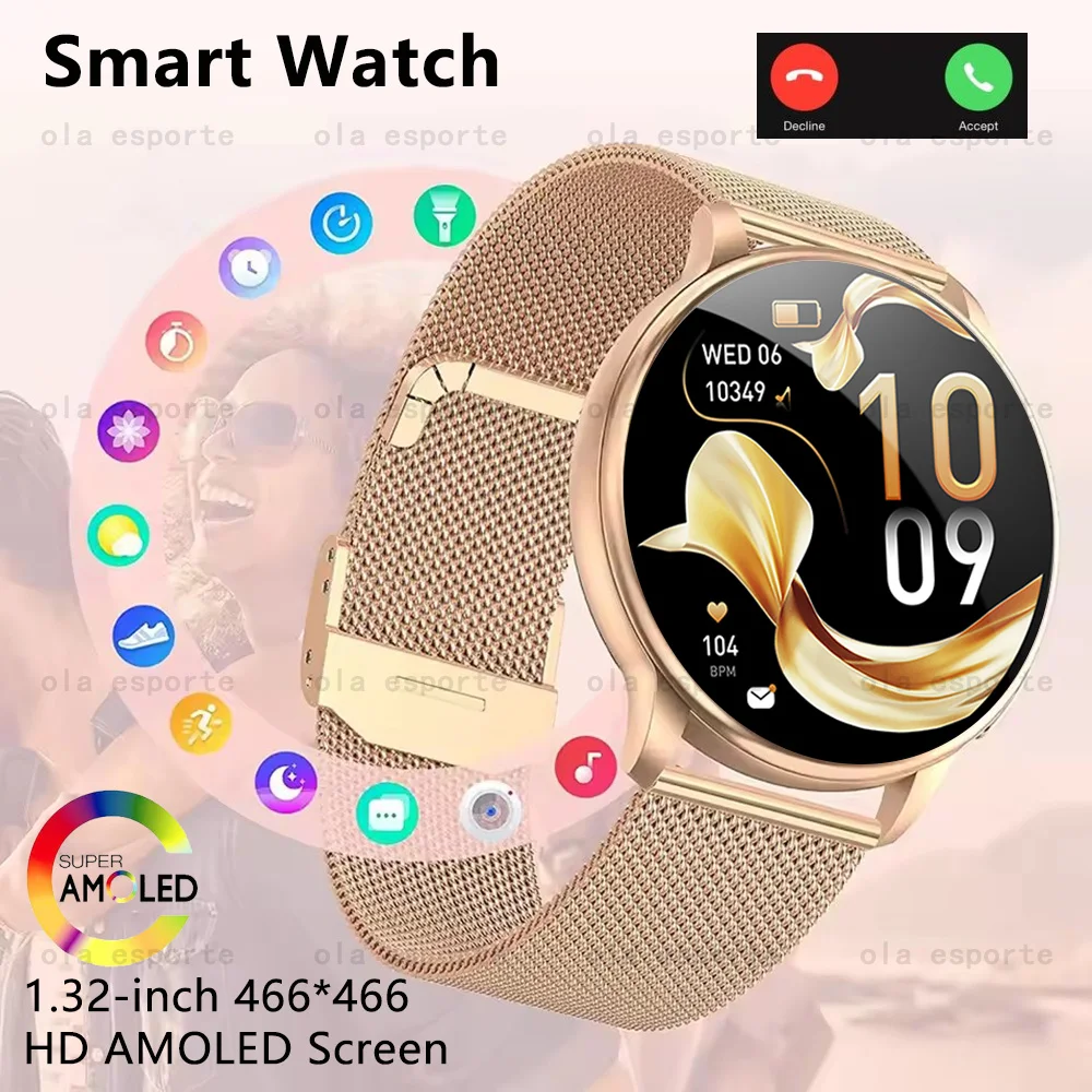 

Модные женские умные часы с Bluetooth-вызовом, AMOLED-экран, умные часы для здоровья, вседневный мониторинг сердечного ритма, водонепроницаемые спортивные часы