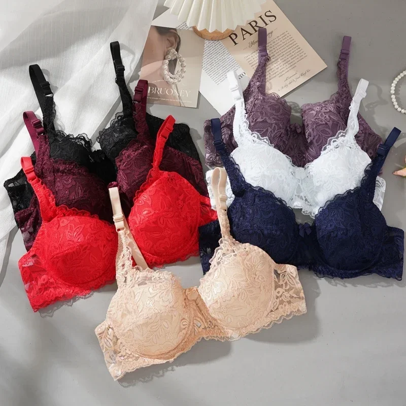 

Women's Sexy Lace Thin Bra with Underwire Plus Size Traditional Lace Bra Gathering Steel Ring Breast 36-42 C/D Cup Underwear