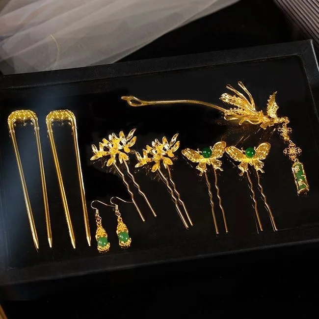 Elegant Chinese Bridal Hair Jewelry Set Gold Green Phoenix Butterfly Hair Sticks Pins Earrings For Xiuhe Cheongsam Hanfu Wedding