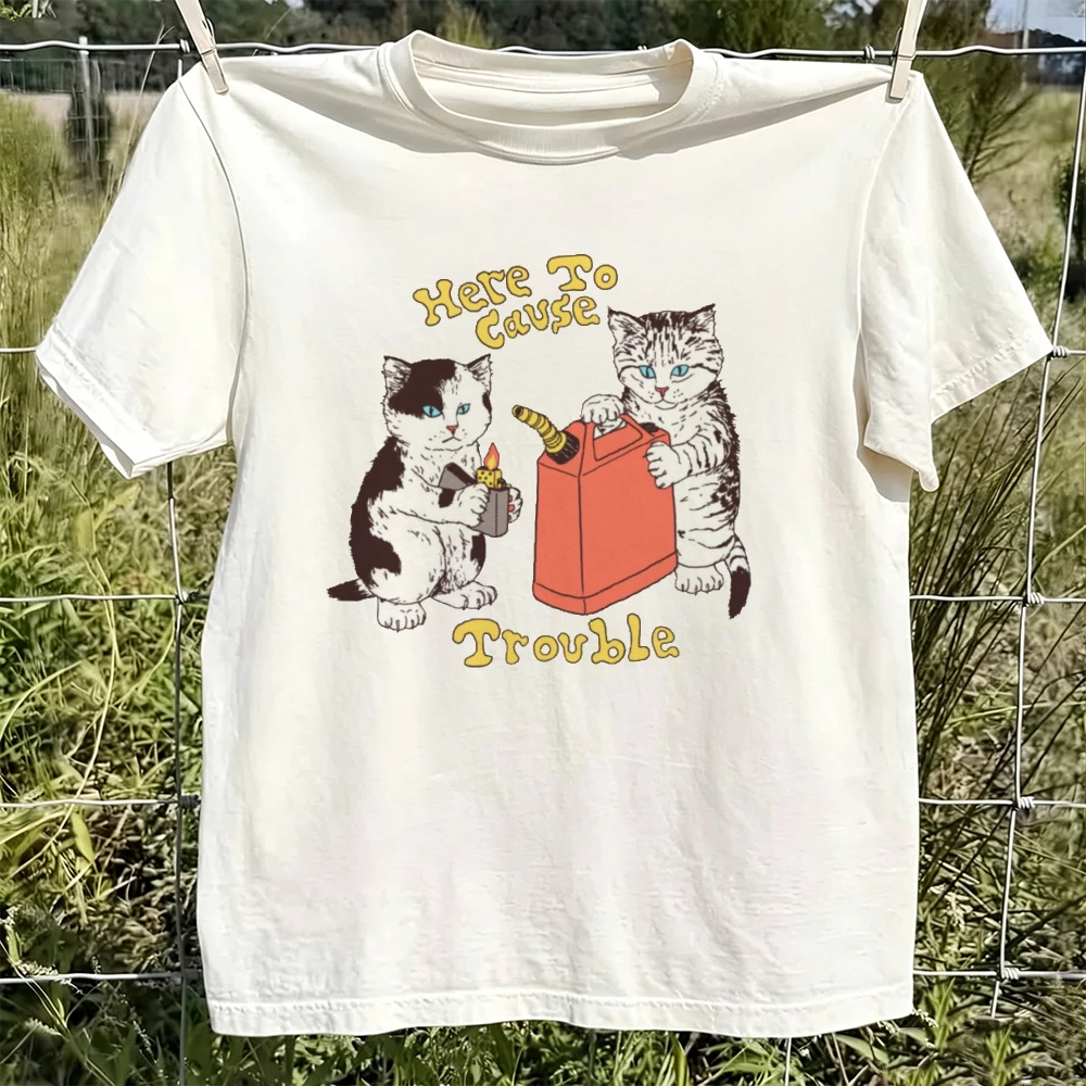 Here To Cause Trouble Kittens Unisex White Cotton T-Shirt Funny Arson Cat Cartoon Graphic Print Summer Casual Tee