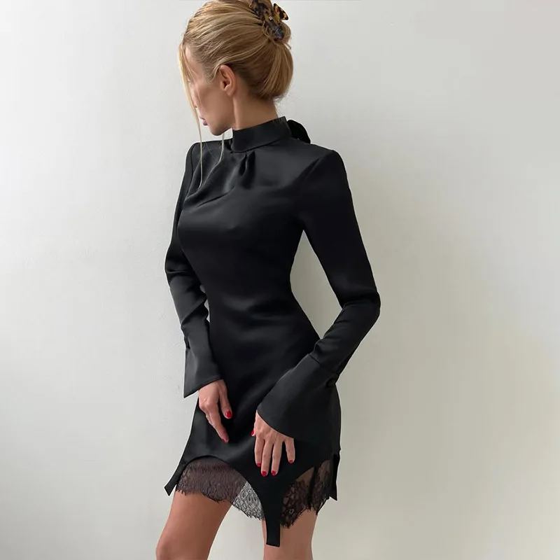 Abito elegante da donna a maniche lunghe in raso stile europeo americano patchwork di pizzo lussuoso abito alla moda in tinta unita