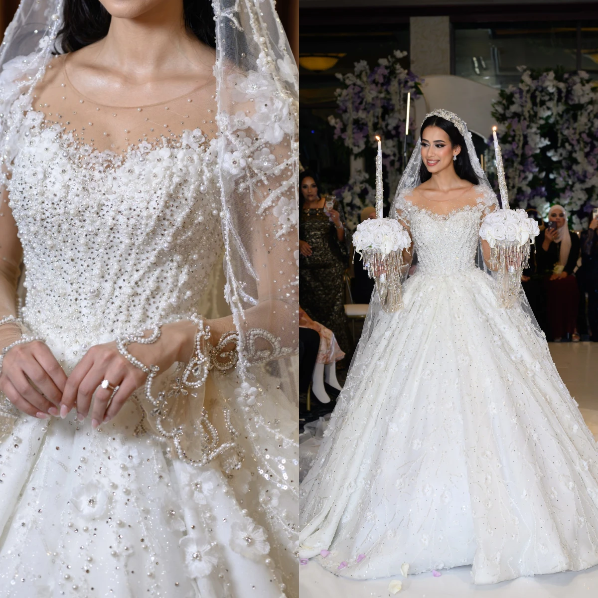 

Exquisite White Lace Bead Applique Women's Wedding Dress Sexy Round Neck With Train Hall Bridal Gown Vestido De Noiva Customized