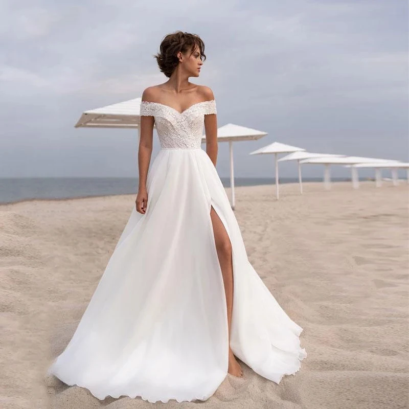 Sexy A Series Wedding Dresses High Split Women's 2023 Bridal Beach Sexy Off Shoulder Lace Bridal Gowns Robe De Mariée Vestido