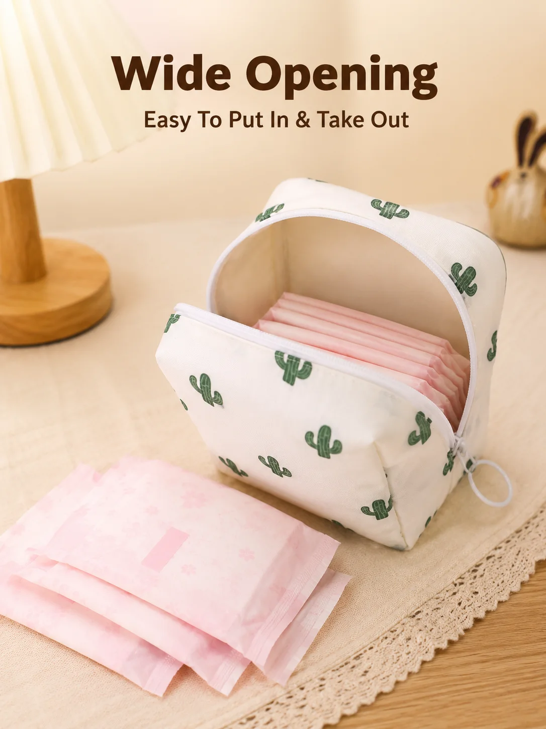 Cute Cartoon Sanitary Pad Storage Pouch, Portable Period Organizer Bag for Women Girls, Large Capacity Mini Zipper Pouch for Pads, Liners, Tampons, Wet Wipes, Tissues, Lipstick, Earbuds and Coins, Travel Dorm Office Daily Care Bag, Random Pattern Gift