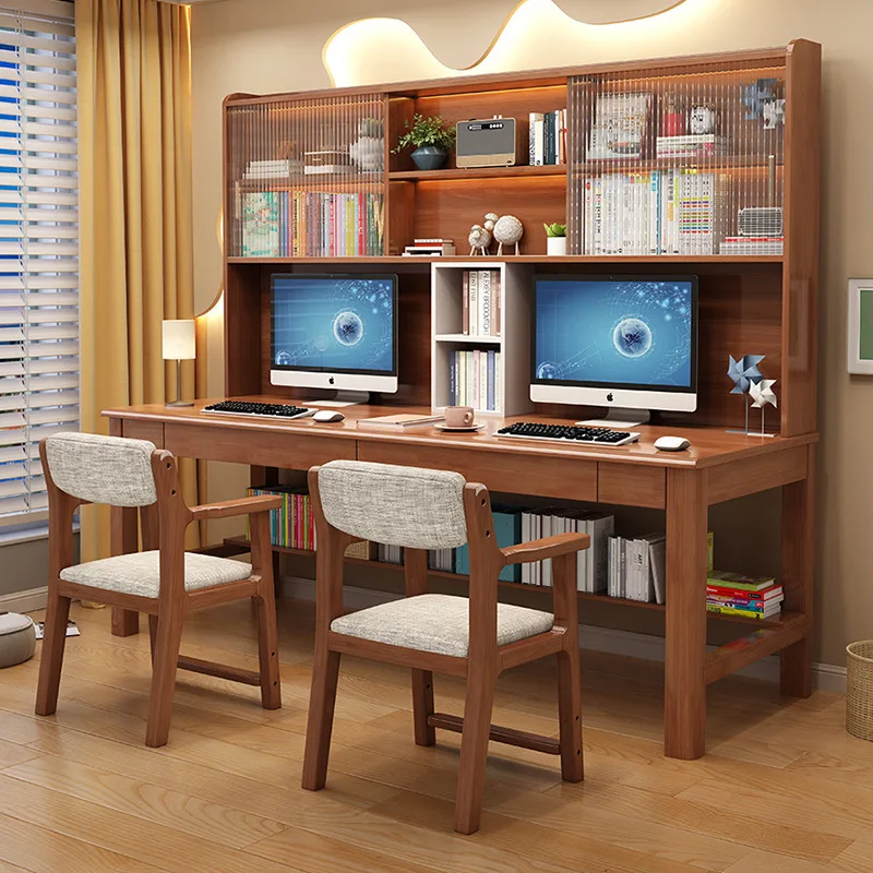 

Modern simple solid wood desk and chair combination rubber wood bookshelf bookcase integrated computer desk children's writing s
