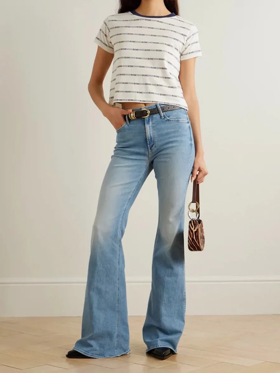 

New Arrival Light Blue Bell Bot Jeans High Waist Slimming Elastic ort Women's Floor Length Bell Pants Casual Cotton Stre...