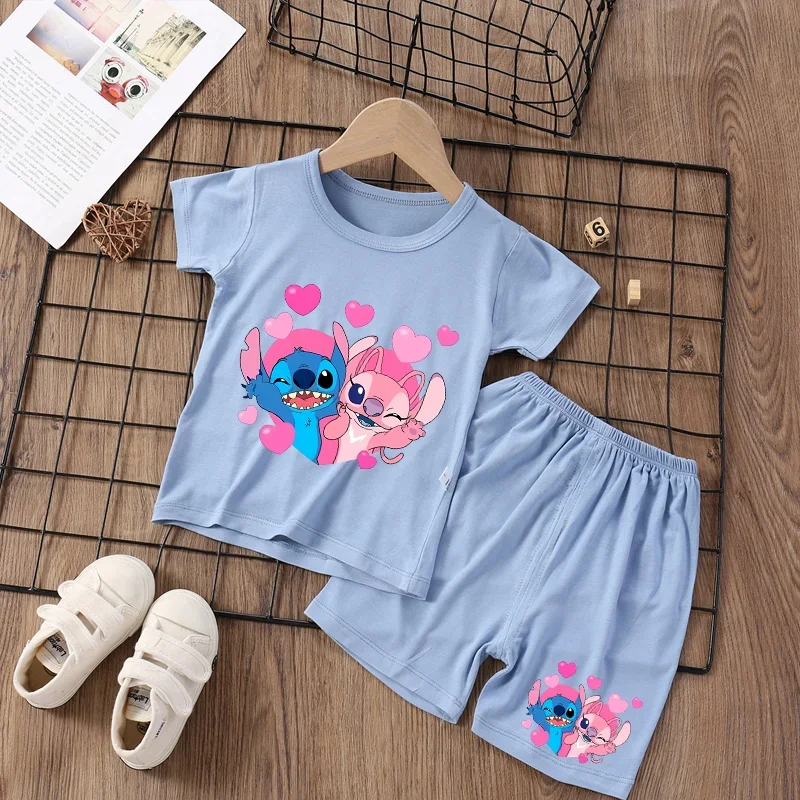 Disney Stitch Pajama Set Cute Boys Girls Modal Sleepwear 2pcs Tops Shorts Suit Pyjamas Kawaii Cartoon Anime Kids Nightwear Gift