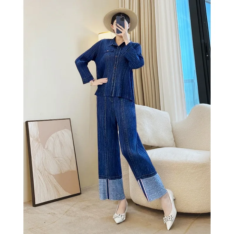 Miyake Wrinkled Denim Color Pants Suit Fashion Personality Slim Shirt + Printed Straight Pants 2025 Autumn New Women Clothing