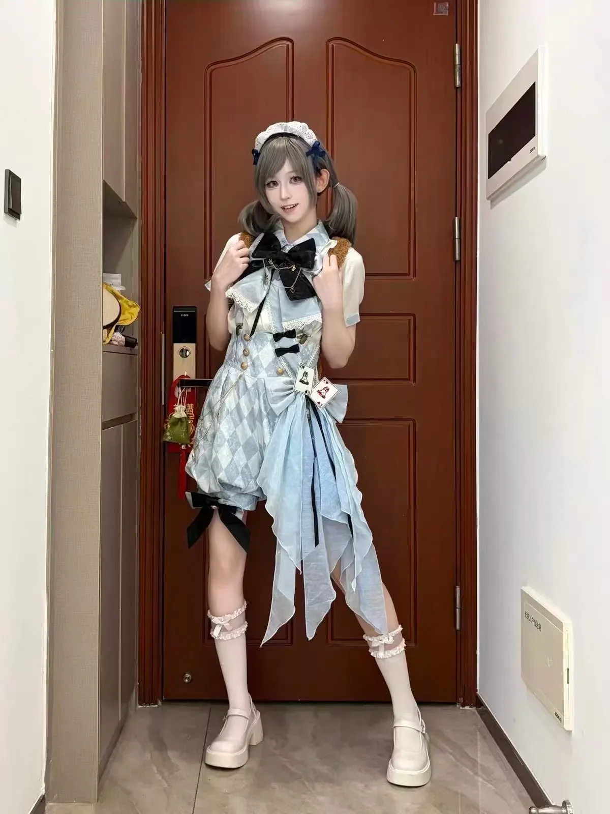 Gothic Lolita Japanese Vintage 2 Piece Set Women Argyle Print Bow Short Sleeve Blouse Suspender Shorts Kawaii Cosplay Outfit