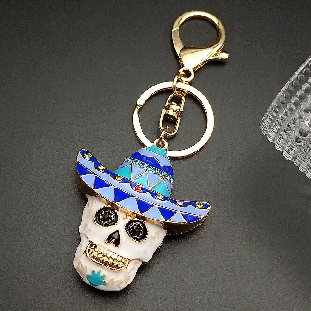 Death Day Lustiger Skelett-Schlüsselanhänger für Damen und Herren, Emaille, Strass, Blatthut, Totenkopf-Kopf-Schlüsselanhänger, Schmuck, mexikanischer Tag der Toten