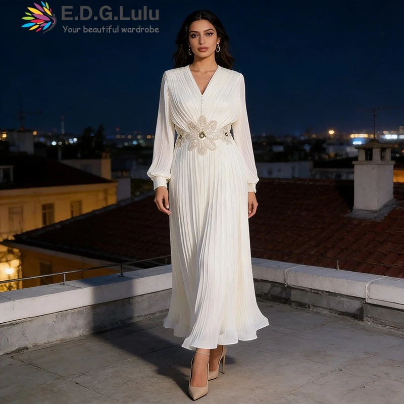 

EDGLuLu Design White 3d Embroidery Floral Waist Long Dress Women Long Sleeve Pleated Maxi Dress 2026 Summer New 0415