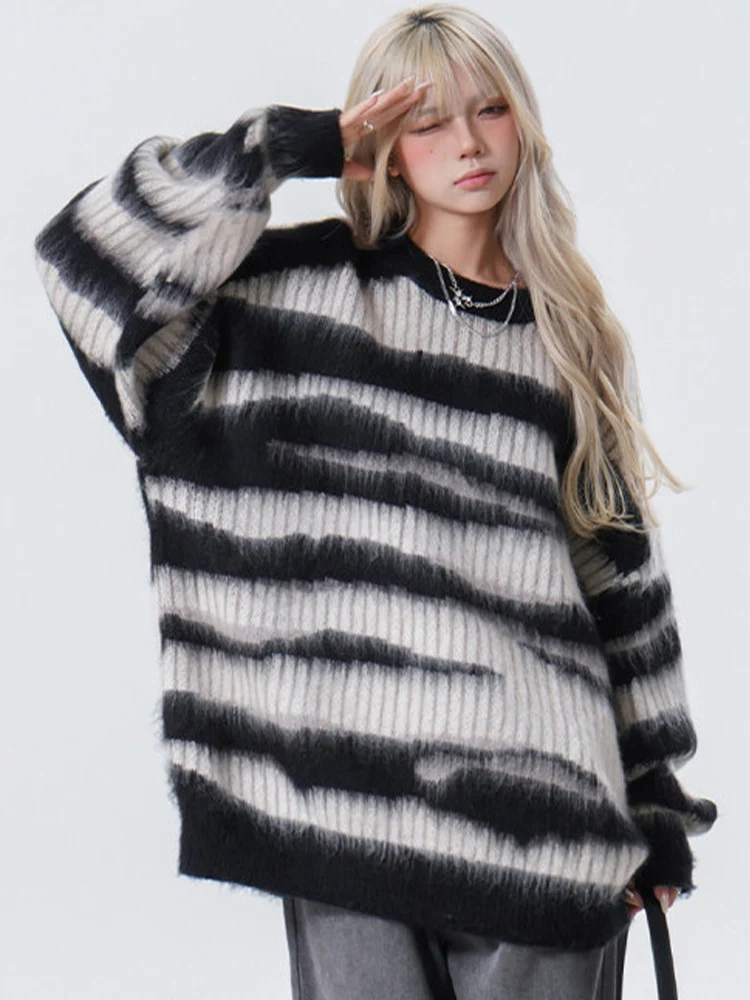 

Vintage Contrast Color Sweater Women Autumn Winter Striped Mohair Sweater Female Harajuku Casual Loose Knitted Pullover Y2k Tops