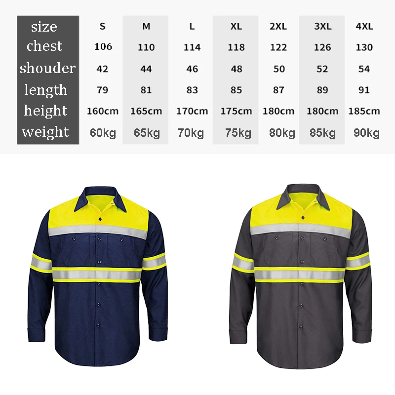 High Visibility Long Sleeve Safety Work Shirt 100% Cotton Workshop Uniforms Hi Vis Shirts S-4XL