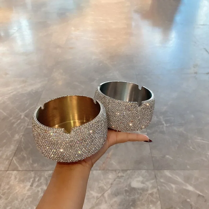 

Офисная пепельница из нержавеющей стали со сверкающими бриллиантами, большая креативная пепельница со стразами для домашнего декора, подарки, аксессуары для курения