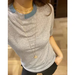 Fashion thin cashmere knit short sleeve women Korean patchwork color loose collar half sleeve wool T shirt casual bottom