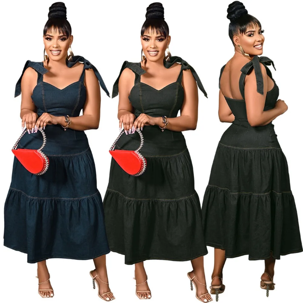 

Camisole Dresses Denim Sleeveless Sexy Spliced Women Party Dress Vestidos Loose Fit Washed Ankle Length Vintage Solid