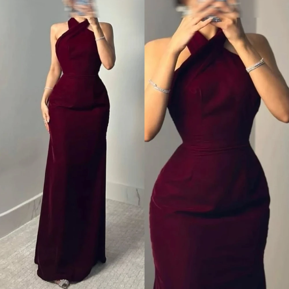 

Customized Exquisite Velour Mermaid Evening Dress Fashion Halter Prom Dresses Delicate Sleeveless Special Occasion Gowns
