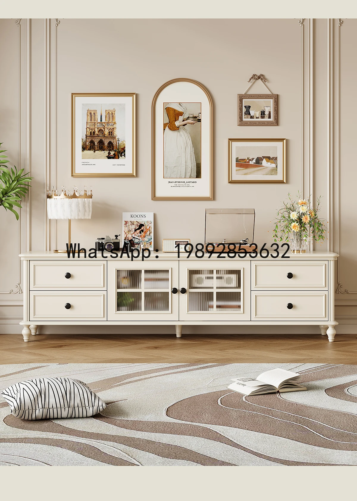 YFY White  Style Solid Wood TV Cabinet French Style Living Room Wall-Mounted Integrated Storage Cabinet Small Apartment Home Use