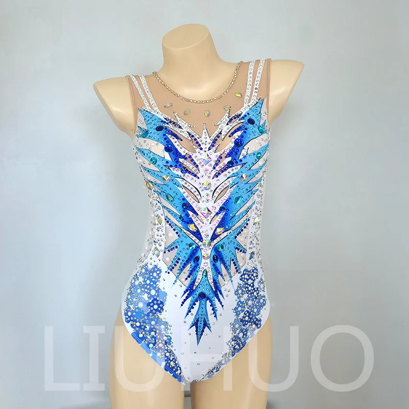 Synchronized Swimming Suit White-Blue With Rhinestones Swimsuit Girls Competition Dress