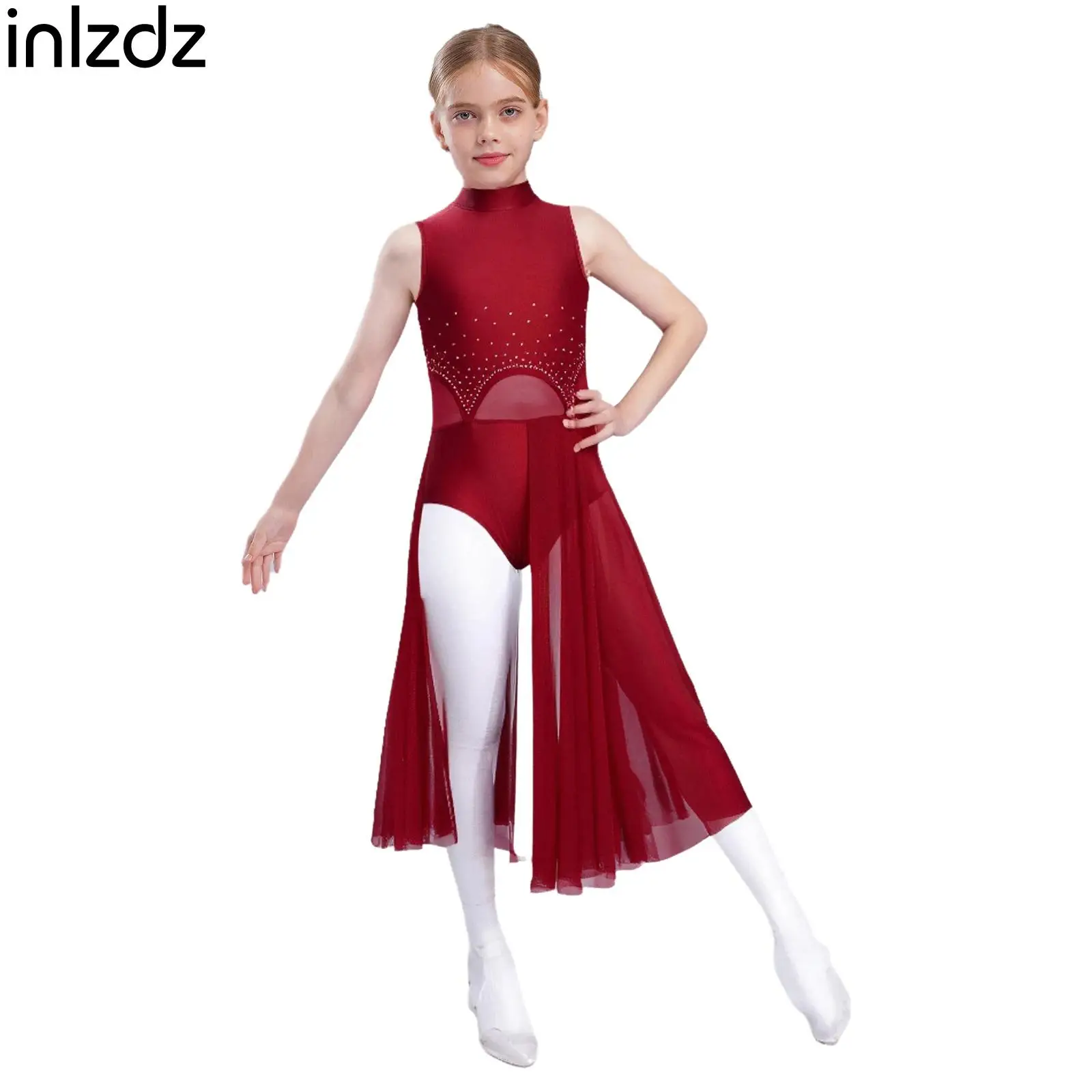 

Sleeveless Lyrical Dance Dresses Kids Girl Figure Skating Dress Sheer Mesh Fashion Rhinestones Split Dress Performance Dancewear