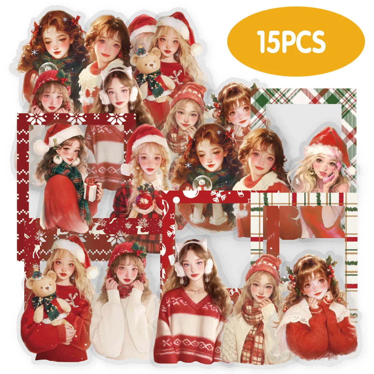 Etori Life 15 Stück Sweetheart Weihnachten Charakter Randmuster dekorative Aufkleber DIY Laptop, Handyhülle, Koffer, Geschenkpapiertüte, Geburtstagsgeschenk, Kinderaufkleber