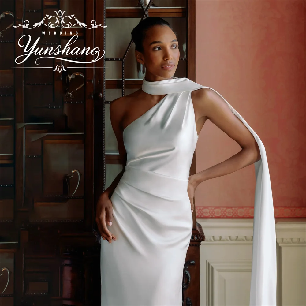 YunShang personalizado Halter sirena vestido de novia sin mangas corte Trian Simple elegante encantador hasta el suelo volantes encantadores