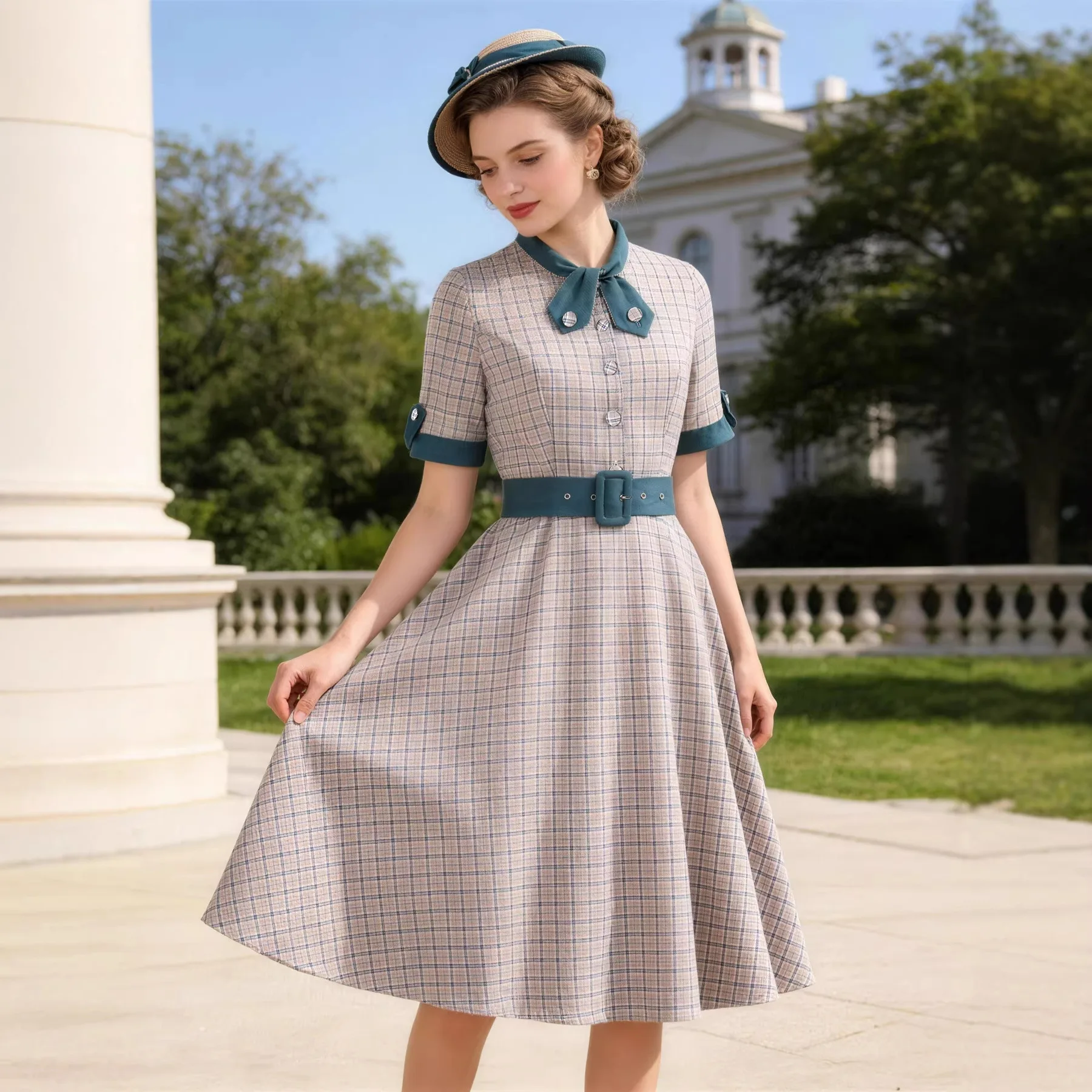 50년대 빈티지 플래드 버튼 프론트 타이넥 로카빌리 파 - Women'S Fashion Of The 50S 리뷰 및 가격