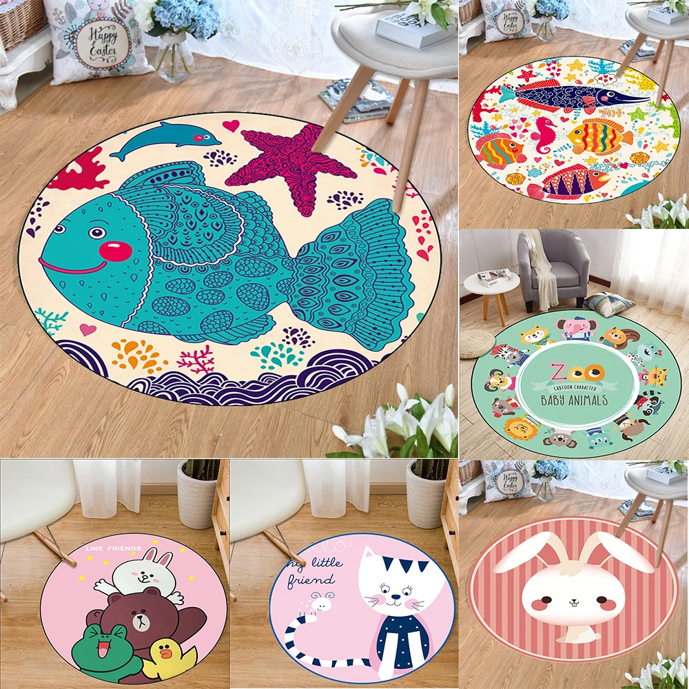 Round Cute Cartoon Animal Pattern Carpet Soft Non Slip Rug For Kids Room Bedroom Playroom Home Decor Children Cartoon Lovers Use