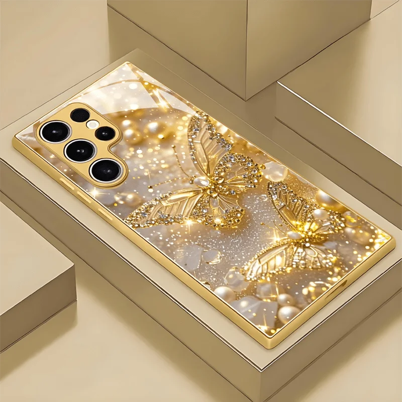 More Than 15 Models Available, Female Golden Butterfly Pearl Pattern Tempered Glass Phone Case Suitable for Samsung Galaxy