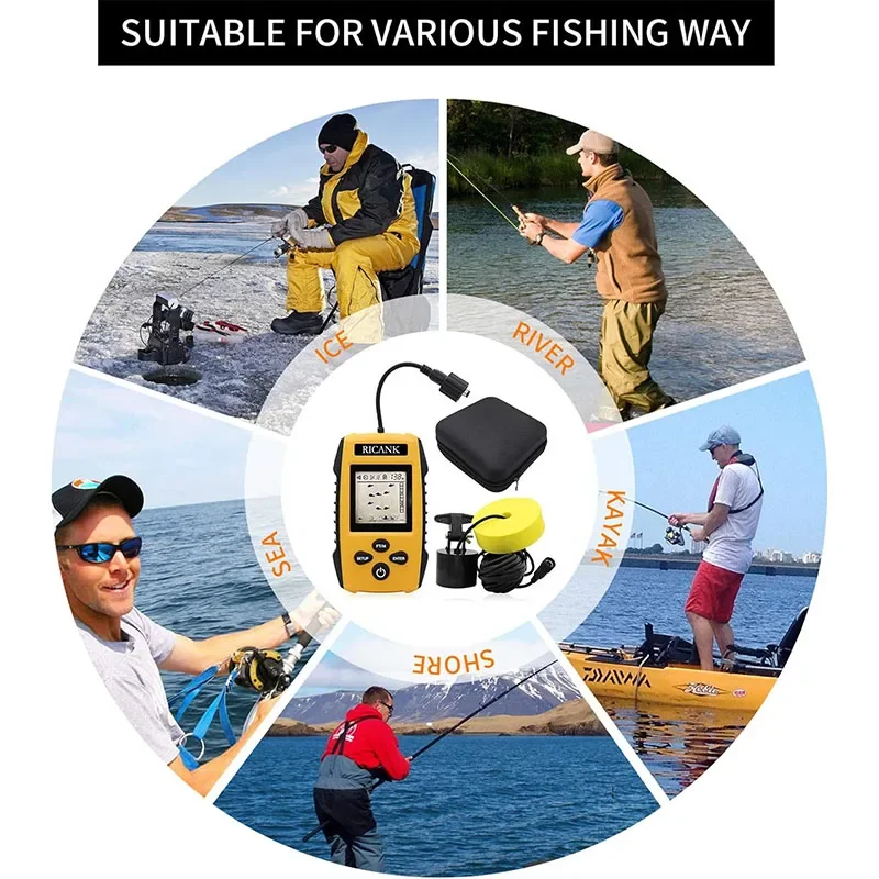 Nuovo aggiornamento palmare Fish Depth Finder Ice Kayak Shore Boat Fishing Fish Detector Device trasduttore sensore Sonar e Display LCD