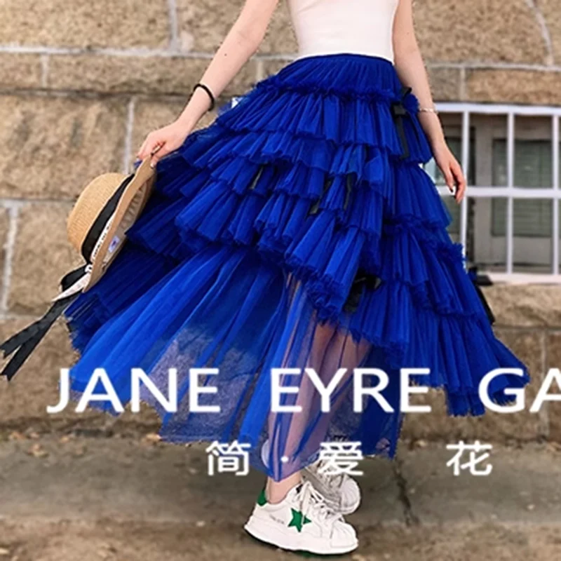 Girl's long skirts for women fashion 2023 Asymmetrical Navy Blue Mesh Puffy Tutu cake skirts Womens Chic and Elegant Woman Skirt