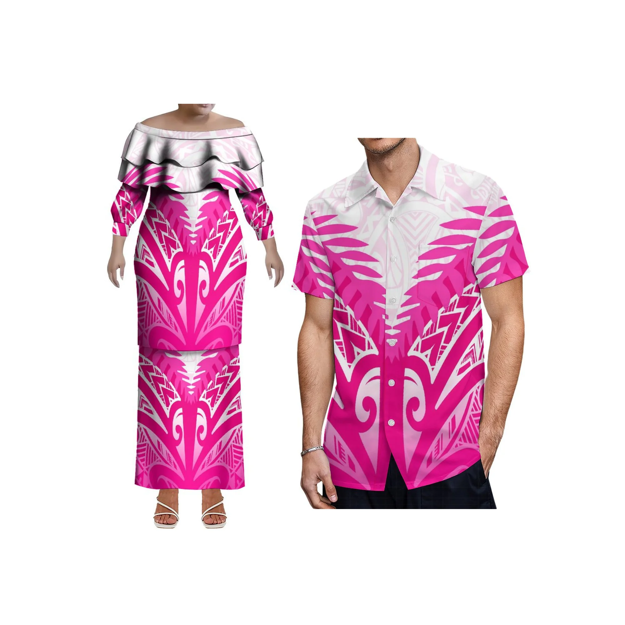 Novo estilo polinésia design dupla camada babados fora do ombro samoan puletasi conjunto vestido 2 pçs personalizado senhoras duas peças conjunto dres