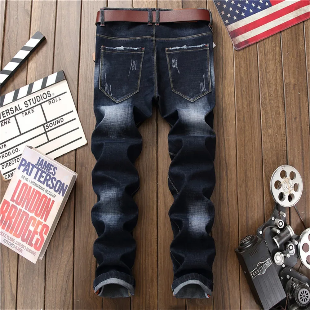 Men's Blue Straight-Leg Jeans Casual Style Slim Fit Ripped Male Denim Pants High Quality Quick Selling Trendy Item