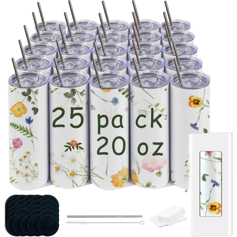 

25pack 20oz sublimation straight tumbler bluk double wall stainless steel vacuum cup with metal straw and silding lid