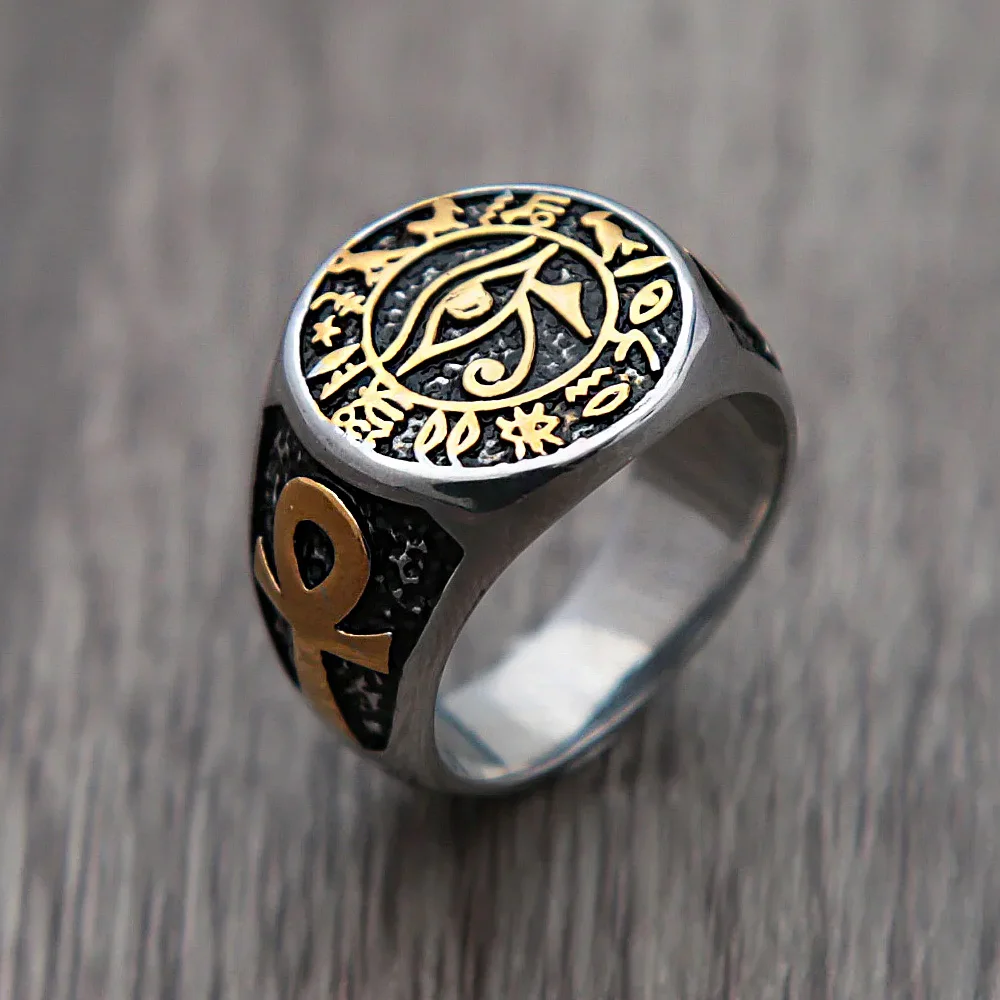 Vintage Egyptian Eye Of Horus Ring Stainless Steel Ankh Rings For Men Biker Punk Fashion Amulet Jewelry Gift Dropshipping